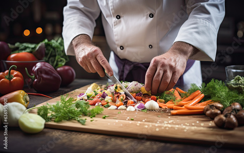 Chef preparing food by cutting vegetables on cutting board in the restaurant kitchen, close up view of hands of cook, generative ai