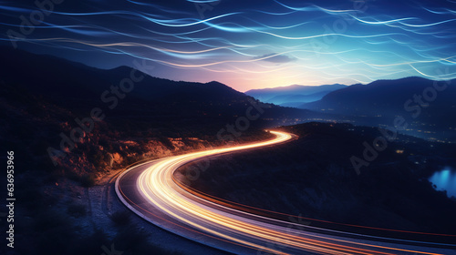 A Long Exposure Photo of a Highway at Night.Generative Ai