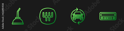 Set line Car service, Canister for motor machine oil, Gear shifter and audio. Gradient color icons. Vector