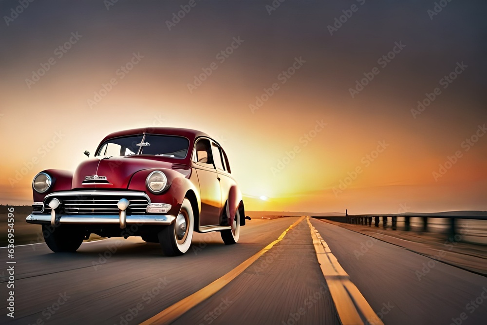 Vintage car on the road with sunset view 