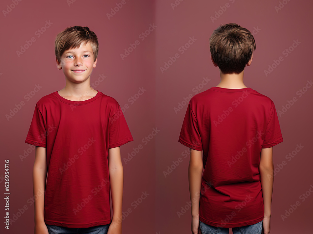 Front and back views of a little boy wearing a red T-shirt Front and back views of a little boy wearing a red T-shirt