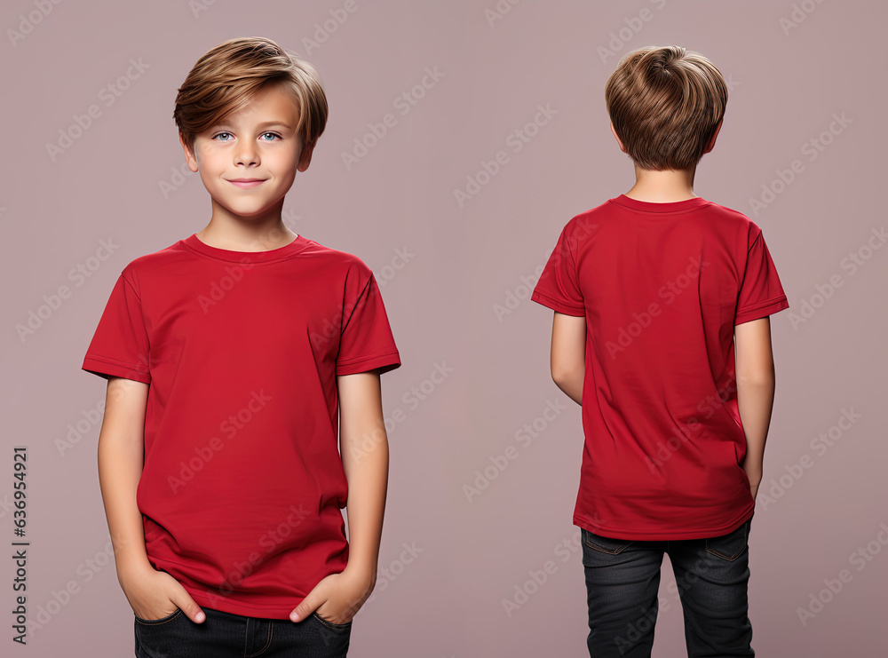 Front and back views of a little boy wearing a red T-shirt Front and back views of a little boy wearing a red T-shirt