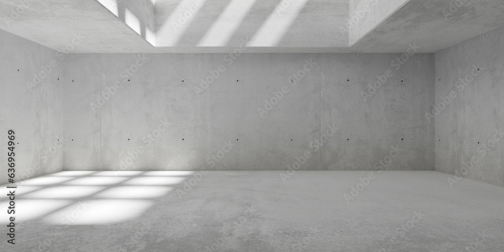 Abstract empty, modern concrete room with ceiling opening, grid shadow and rough floor - industrial interior background template - obrazy, fototapety, plakaty 