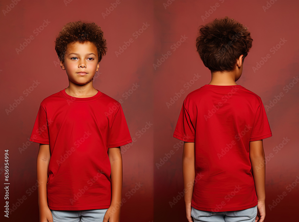 Front and back views of a little boy wearing a red T-shirt Front and back views of a little boy wearing a red T-shirt