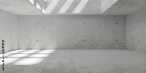 Fototapeta Naklejka Na Ścianę i Meble -  Abstract empty, modern concrete room with ceiling opening, grid shadow and rough floor - industrial interior background template