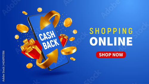 Cash back from shopping online, banner template, realistic 3d golden arrows, which symbolizing the money refund, swirling around smartphone, gold coins and gifts. Vector conceptual illustration