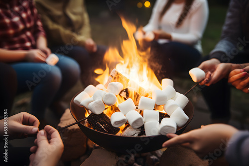 A group of friends gathered around a campfire toasting marshmallow