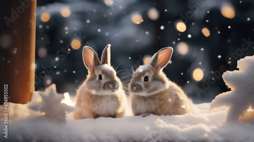 Two friendly rabbits against the background of snow and illumination