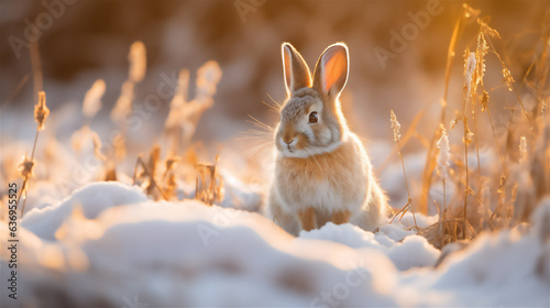 Photographie A rabbit lit by the sunrise on a snowy field