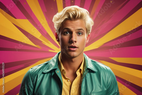 A vibrant and energetic portrait of a young man with blonde hair