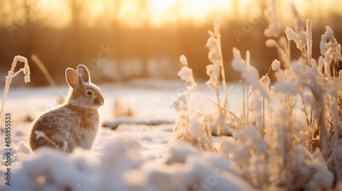 A rabbit lit by the sunrise on a snowy field photo