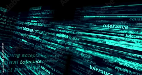 Tolerance equality respect acceptance and solidarity headline news across international media. Abstract concept of news titles on noise displays loop. TV glitch effect seamless and looped.
