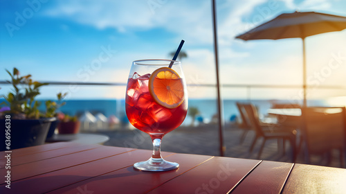 Glass of fresh summer cocktail or sangria with ice and orange slice on wooden table near the beach with sea view, outdoors at sunset. Space for text