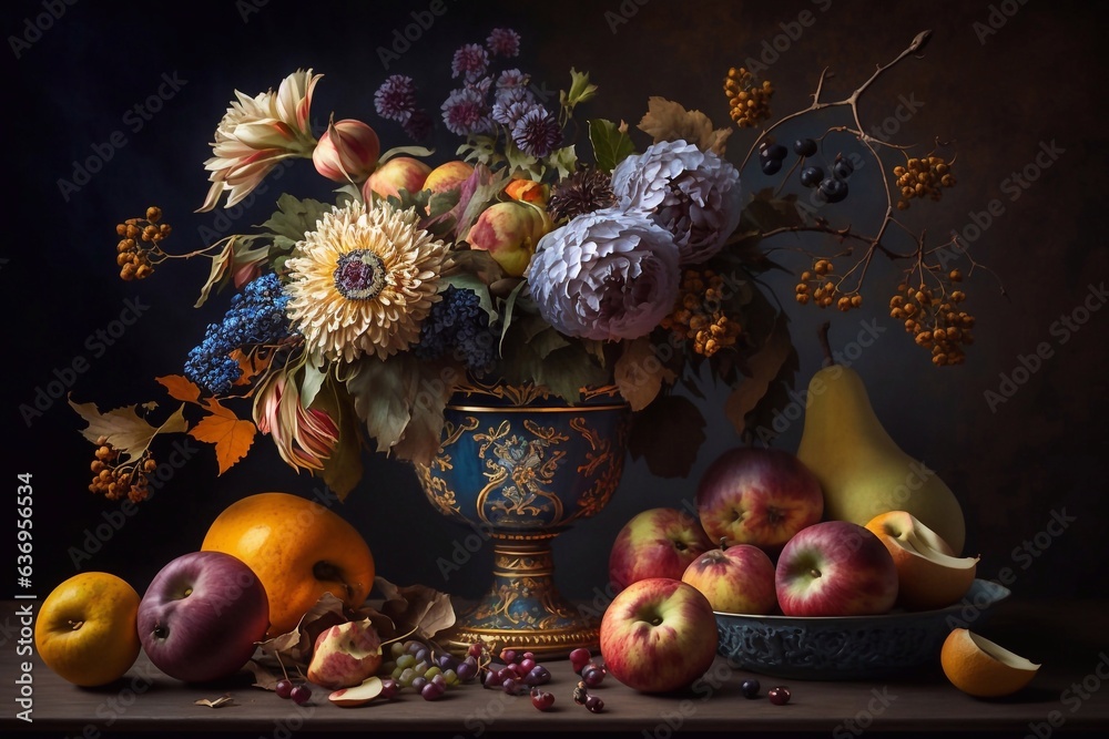 Bouquet of floral still life in a vintage vase, fruits on the table. Generative AI