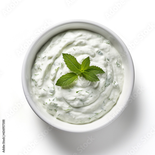 Fresh tzatziki in a plate , isolate top view