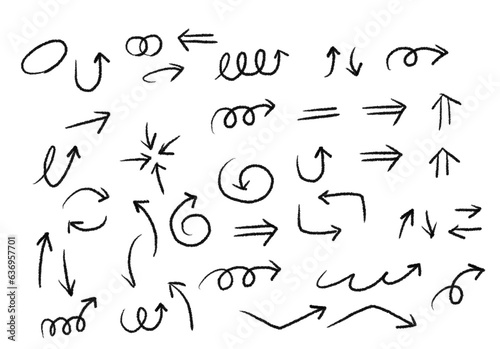 Hand drawn pencil arrows. Doodle curved chalk darts. Texture design elements of scribble lines. Hand painted crayon check