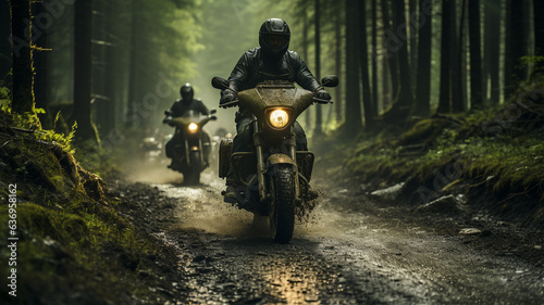motorcyclist driving on the road in forest