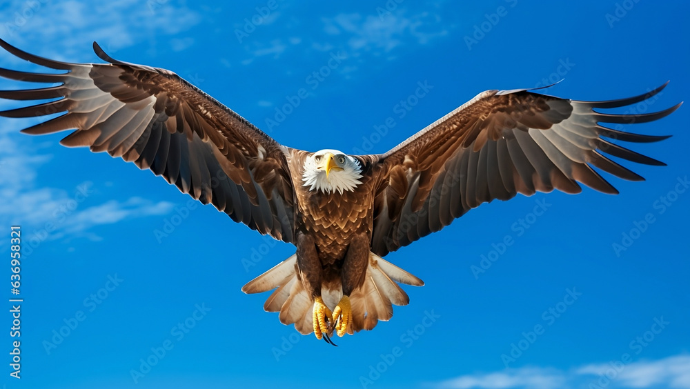 Fototapeta premium The bird flies with its wings spread against the blue sky. Generative AI.