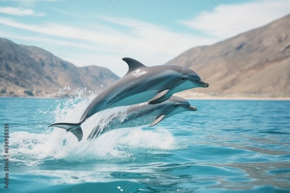 Fototapeta premium Dolphin jump in the blue sea in a picturesque place