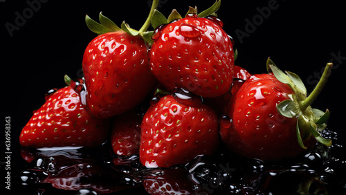 Strawberries on a black background with drops of water