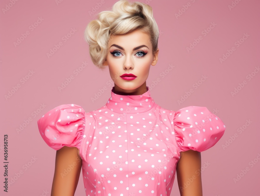 Woman wearing a pink dress with dots, barbie doll style Woman wearing a pink dress with dots, barbie doll style