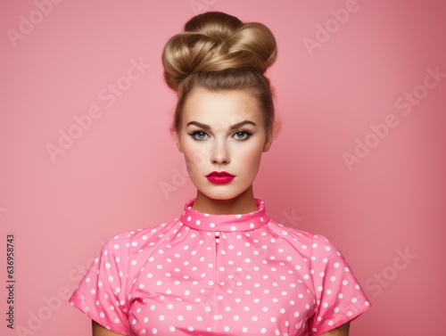 Woman wearing a pink dress with dots, barbie doll style