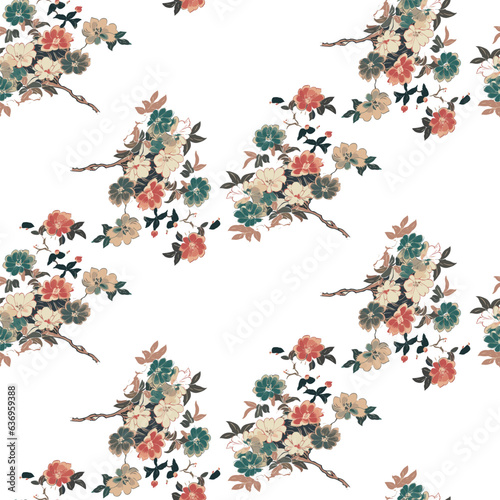 Vector seamless half-drop pattern, with flowers