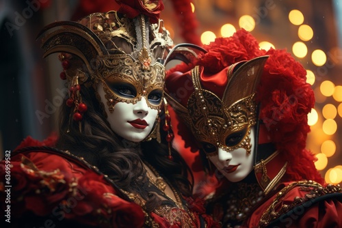 Elegantly dressed individuals wearing Venetian masks in a mystery location. Generative Ai
