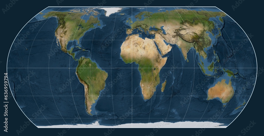 World map. Satellite. Hatano Asymmetrical Equal Area projection. Meridian: 0