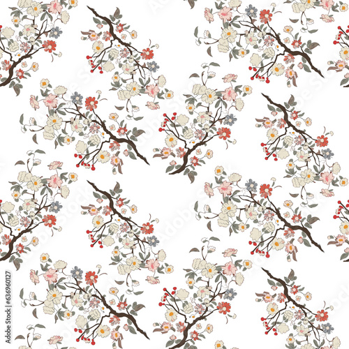 Vector seamless half-drop pattern, with flowers