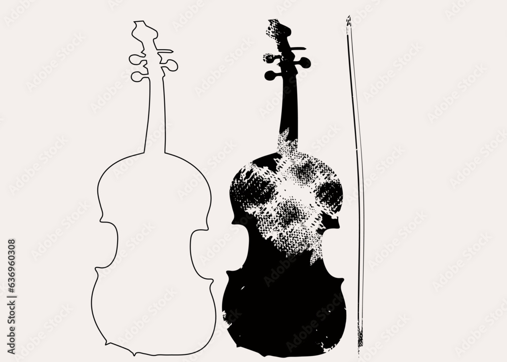 Grunge drawing cello with brushwork, Urban music, vector vintage