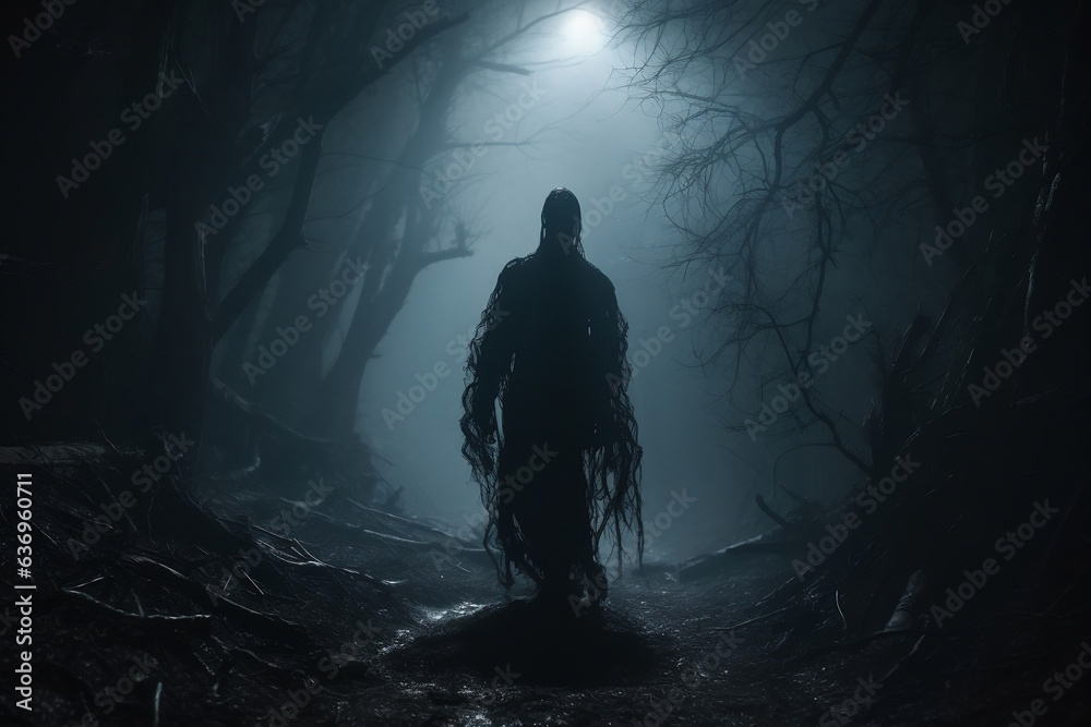 Mysterious monster lurking in the misty forest, zombie in the darkness, chilling horror or Halloween concept, eerie tall figure, the lurking death - obrazy, fototapety, plakaty 
