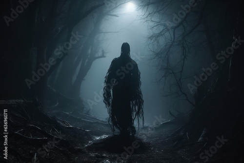 Mysterious monster lurking in the misty forest, zombie in the darkness, chilling horror or Halloween concept, eerie tall figure, the lurking death