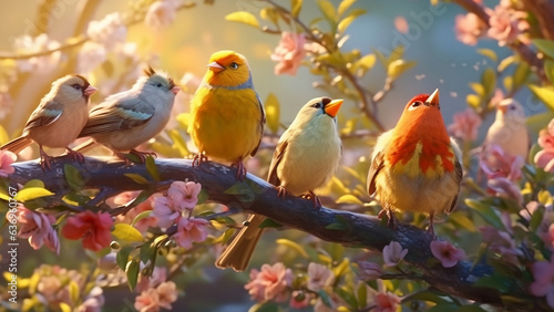 Asian birds on a branch of a cherry blossom tree. An illustration created with the generative Ai.