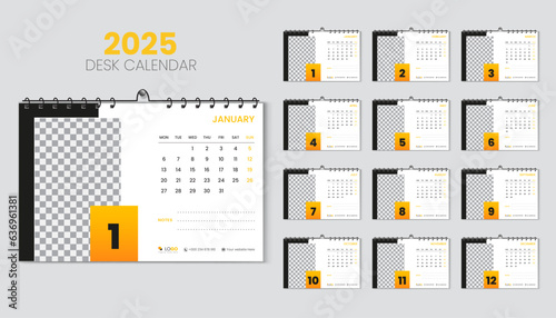 Desk calendar 2025 planner and corporate design template set, Annual calendar 2025 for 12 months, week starts Monday, abstract orange gradient color shape with vector layout
