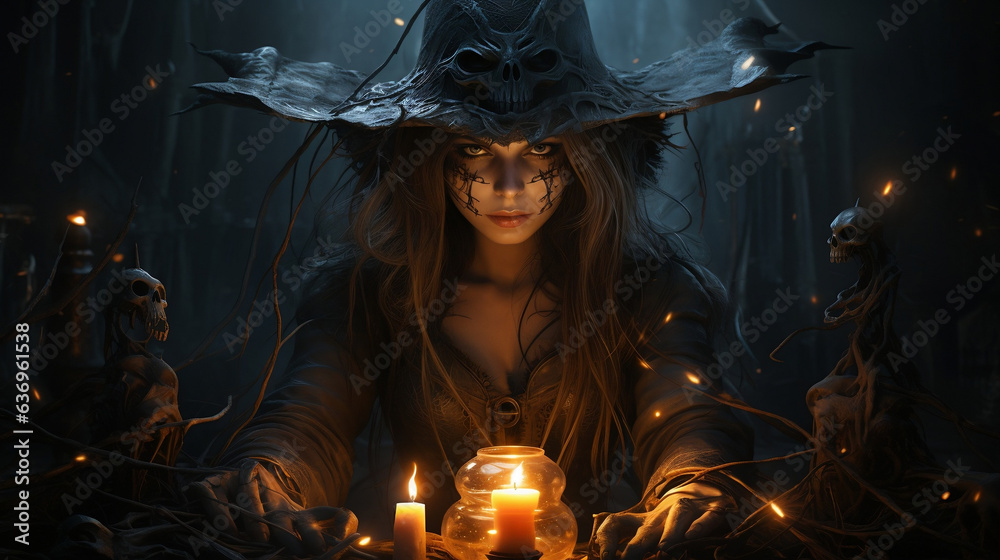 Obraz premium Gothic Witch Casting Dark Spells at Halloween Night