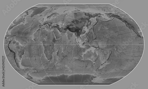 World map. Grayscale. Kavrayskiy VII projection. Meridian: 90 east photo