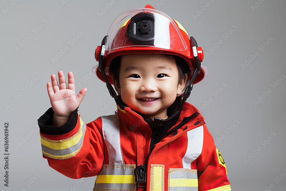 portrait of a little asian boy dressed as a fireman, ai generated portrait of a little asian boy dressed as a fireman, ai generated