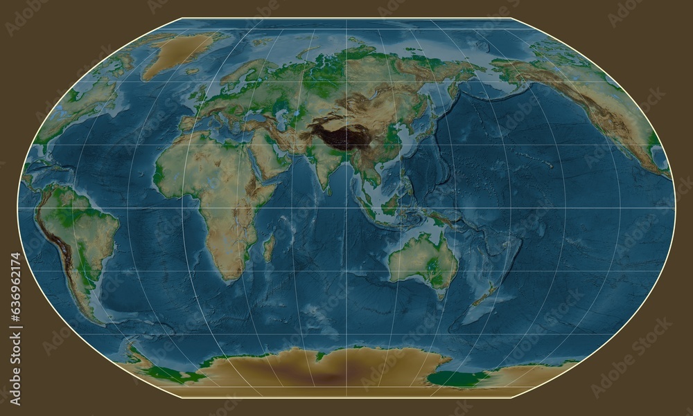 Fototapeta premium World map. Physical. Kavrayskiy VII projection. Meridian: 90 east