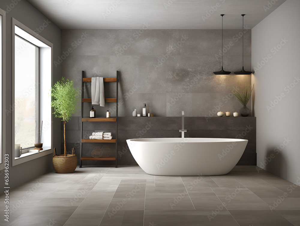 Gray tile bathroom interior with tub and double sink on empty space for text. AI Generative. Gray tile bathroom interior with tub and double sink on empty space for text. AI Generative.