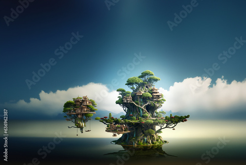 Houses and trees on a floating island on a bright background. AI Generative