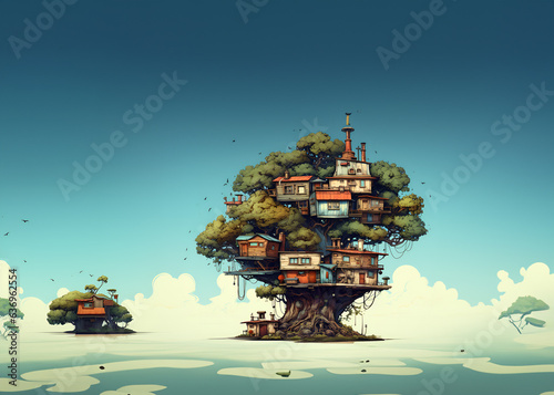 Houses and trees on a floating island on a bright background. AI Generative