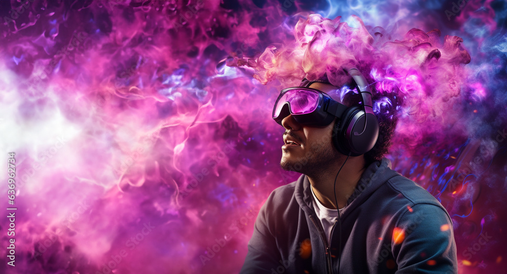 Young man using virtual reality headset. VR glasses, futuristic, technology, online education, education, video game concept. Generative AI. Young man using virtual reality headset. VR glasses, futuristic, technology, online education, education, video game concept. Generative AI.
