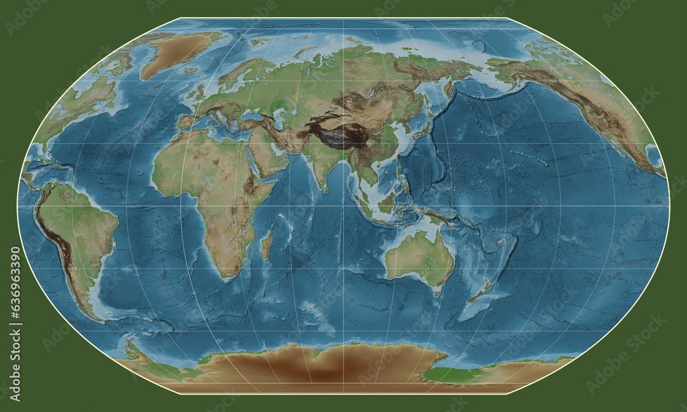 Fototapeta premium World map. Colored elevation. Kavrayskiy VII projection. Meridian: 90 east