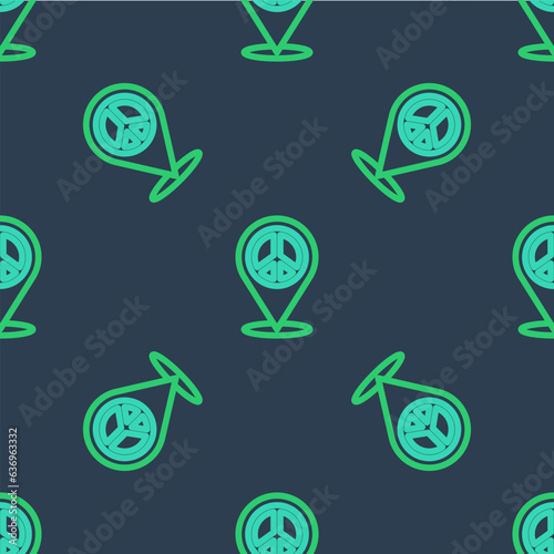 Line Location peace icon isolated seamless pattern on blue background. Hippie symbol of peace. Vector