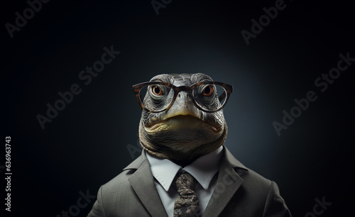 Standing turtle in a suit wearing glasses on agray background. Generative AI.
