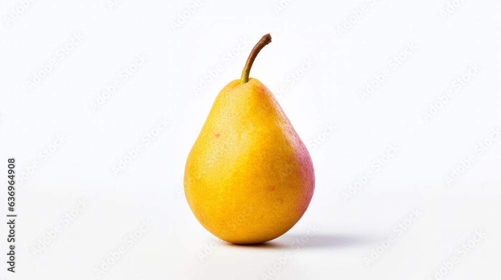 A single pear isolated on a white background. Stem. Studio photography. Ripe. Washed fruit. Fresh produce. Diffuse lighting. A single pear isolated on a white background. Stem. Studio photography. Ripe. Washed fruit. Fresh produce. Diffuse lighting.