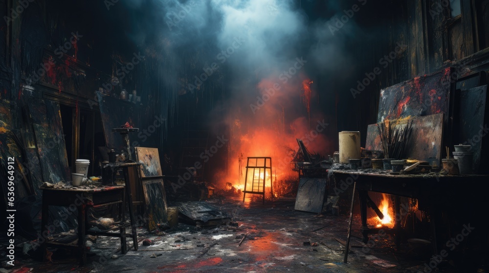 Concept of Burnt Out Creativity. An artist's studio with unfinished paintings and discarded brushes, portraying the frustration of lost inspiration.