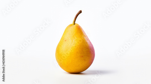 A single pear isolated on a white background. Stem. Studio photography. Ripe. Washed fruit. Fresh produce. Diffuse lighting.