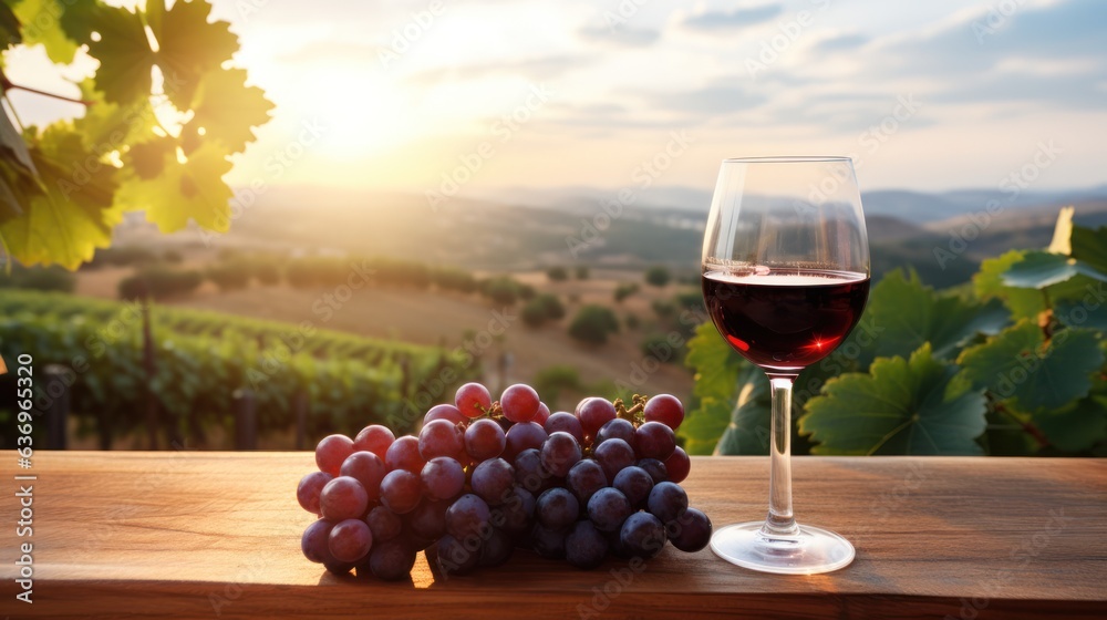 a glass of young red wine from the new harvest against the backdrop of a vineyard